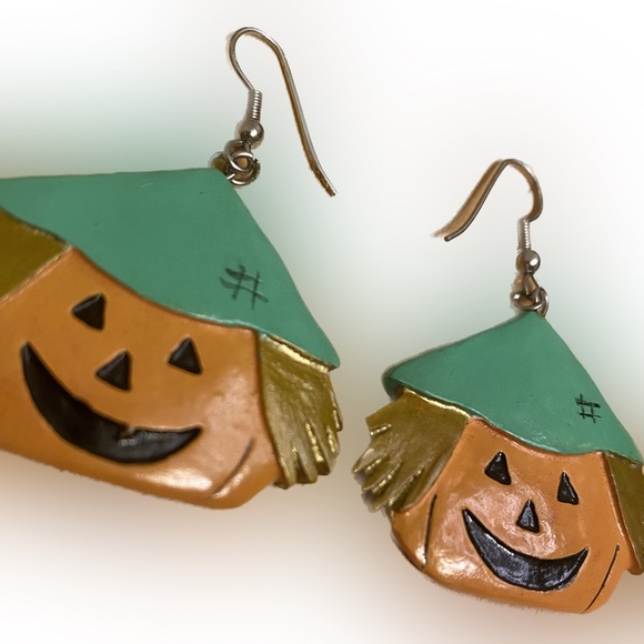Vintage Handmade Pumpkin Clay Earrings One Of A Kind Fall Accessory - Picture 1 of 7